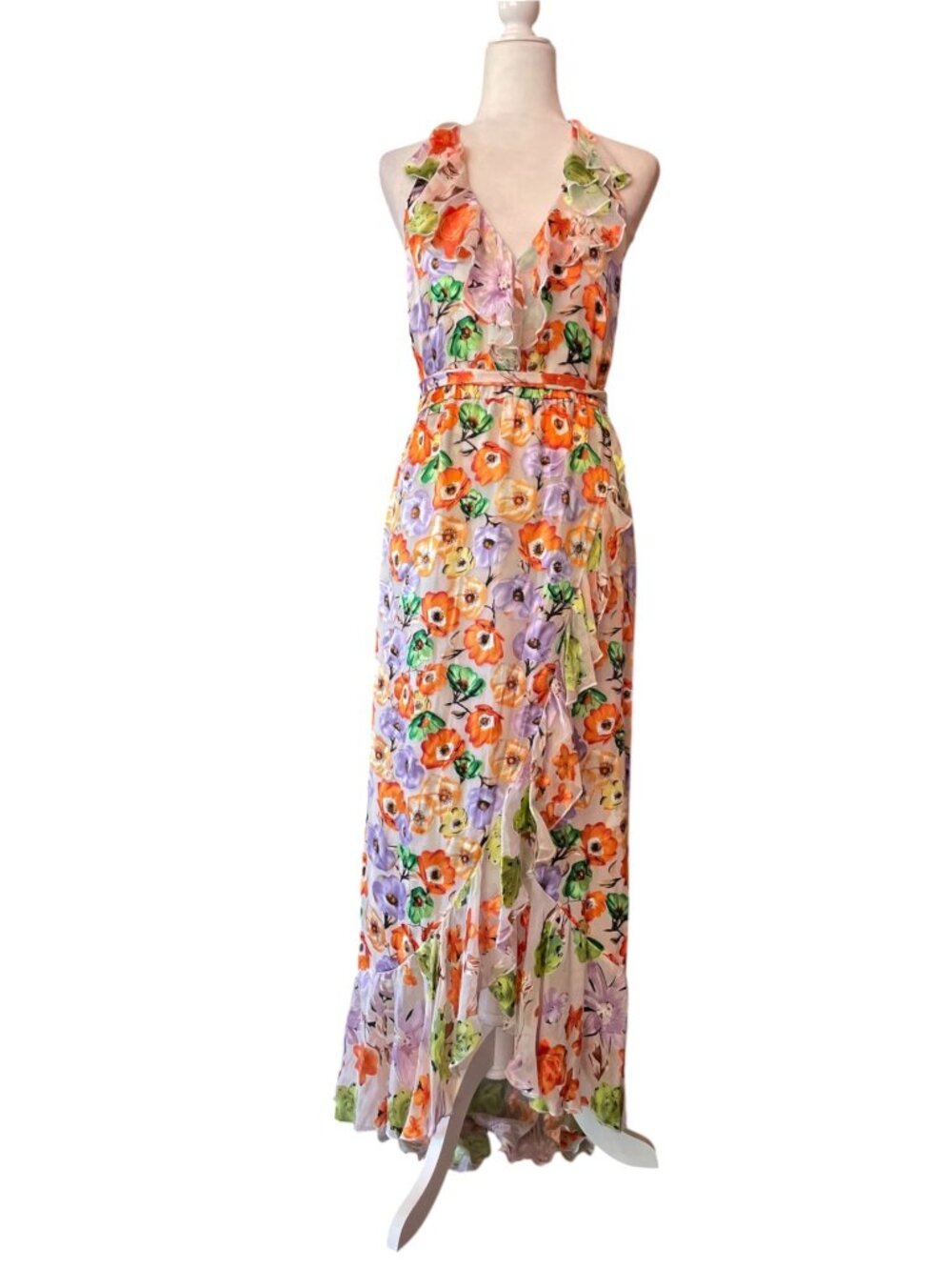 Alice + Olivia Evelia Floral Tie Waist Silk Blend Floral Dress SZ 8 Wedding - Picture 2 of 16